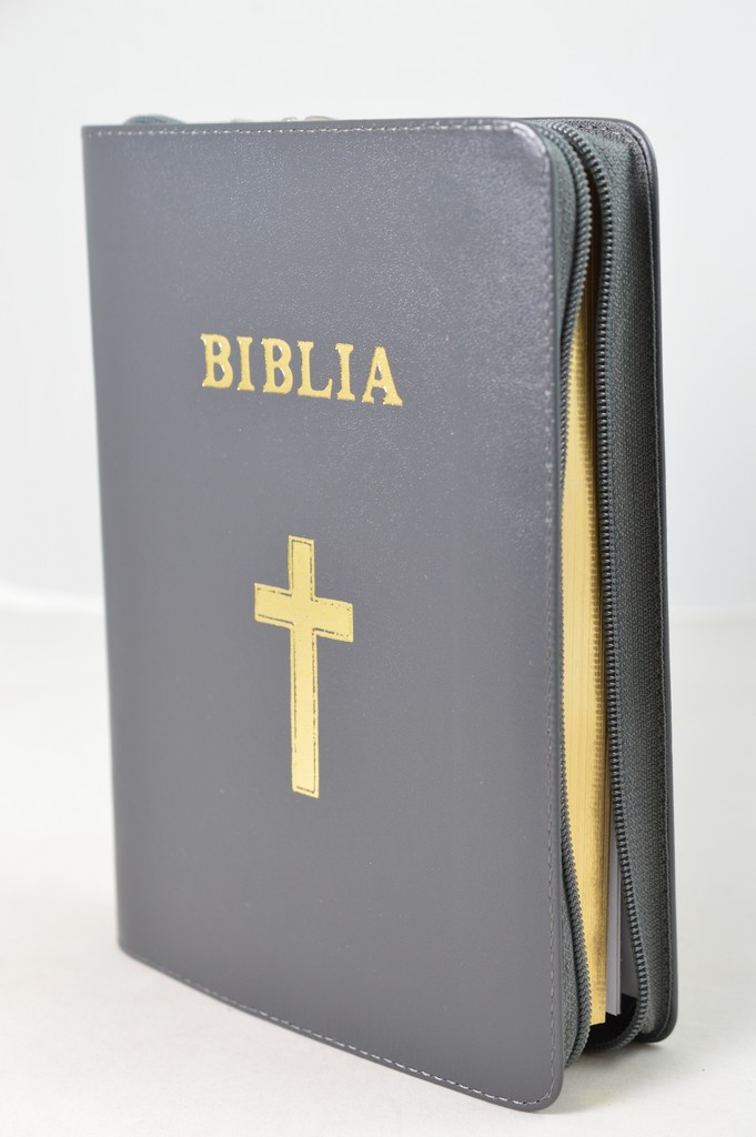 Biblia Ortodoxa, marime medie, coperta piele, gri, fermoar, margini aurite (cu aprobarea Sf. Sinod)