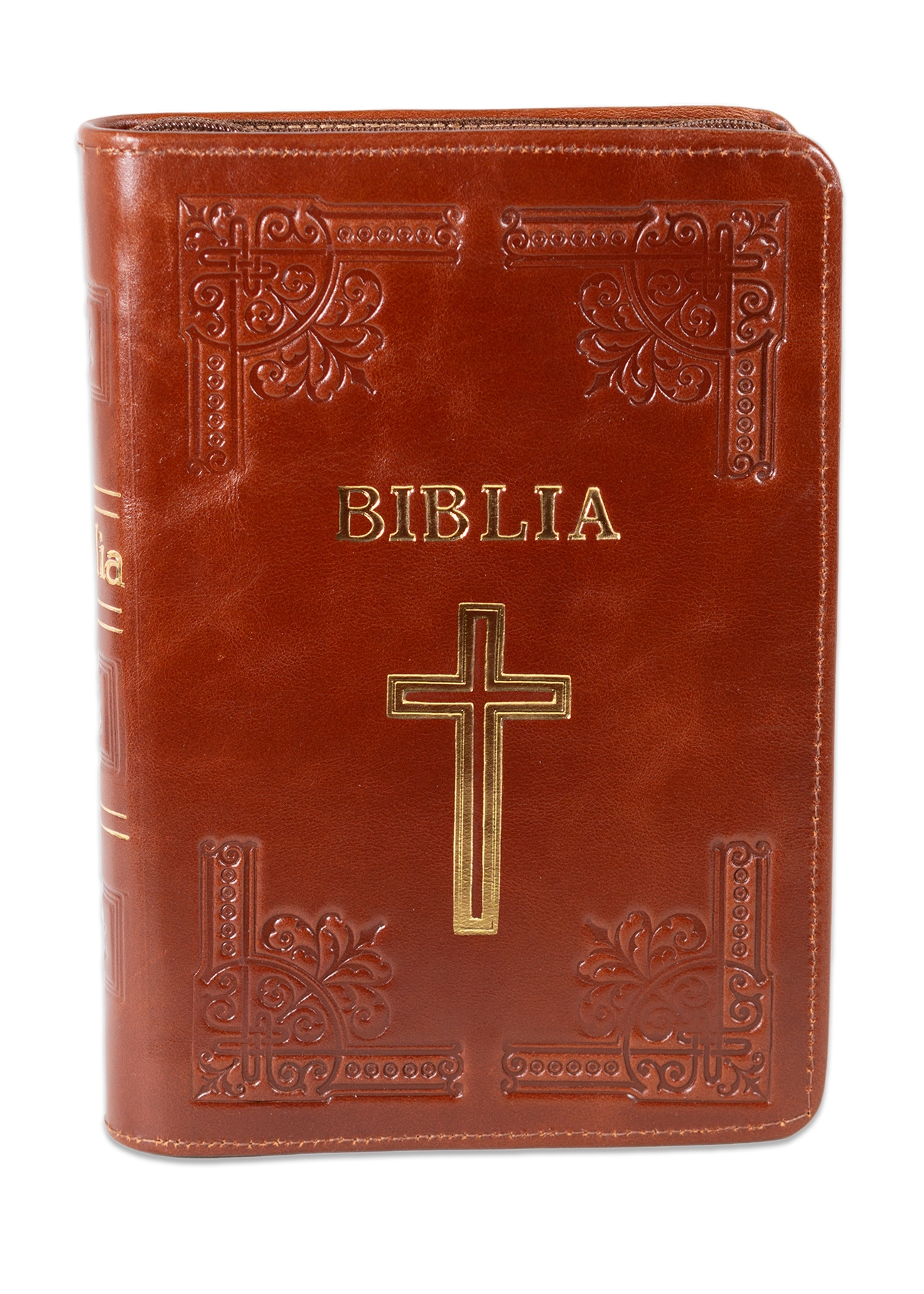 Biblia Ortodoxa, marime mica, coperta piele, handmade, maro, fermoar, margini aurite, cu cruce (cu aprobarea Sf. Sinod)