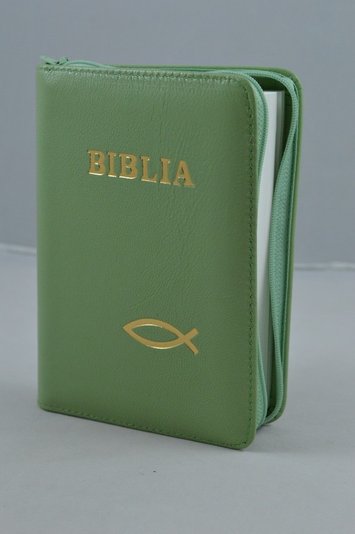 Biblie din piele, mica, verde, fermoar, margini albe,simbol peste, cuv. lui Isus in rosu [043 PF]