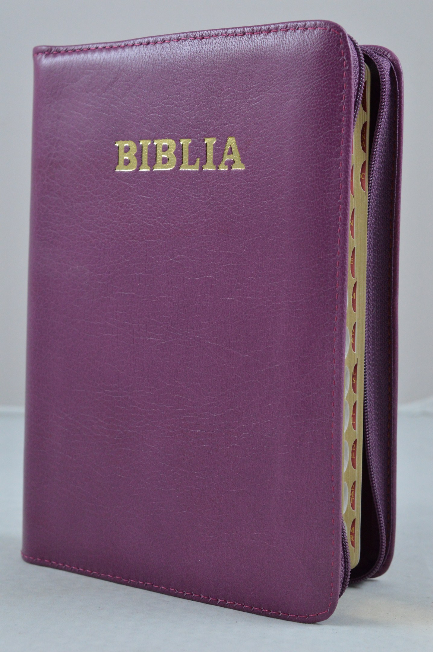 Biblie din piele, marime medie,violet, fermoar, index, margini aurii, cuv. lui Isus cu rosu [SB 057 PFI]