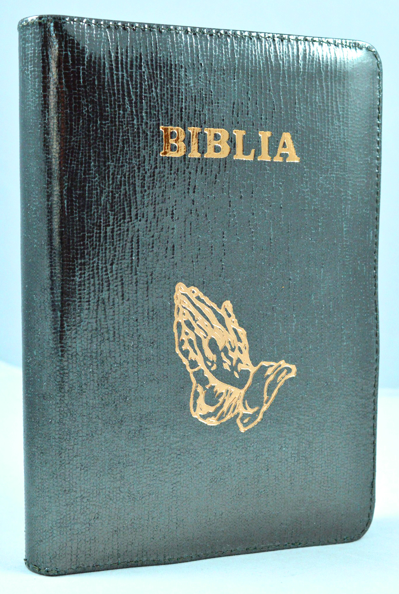 Biblia din piele, marime medie, oliv stralucitor, fermoar, simbol maini, cuv. lui Isus cu rosu [053]