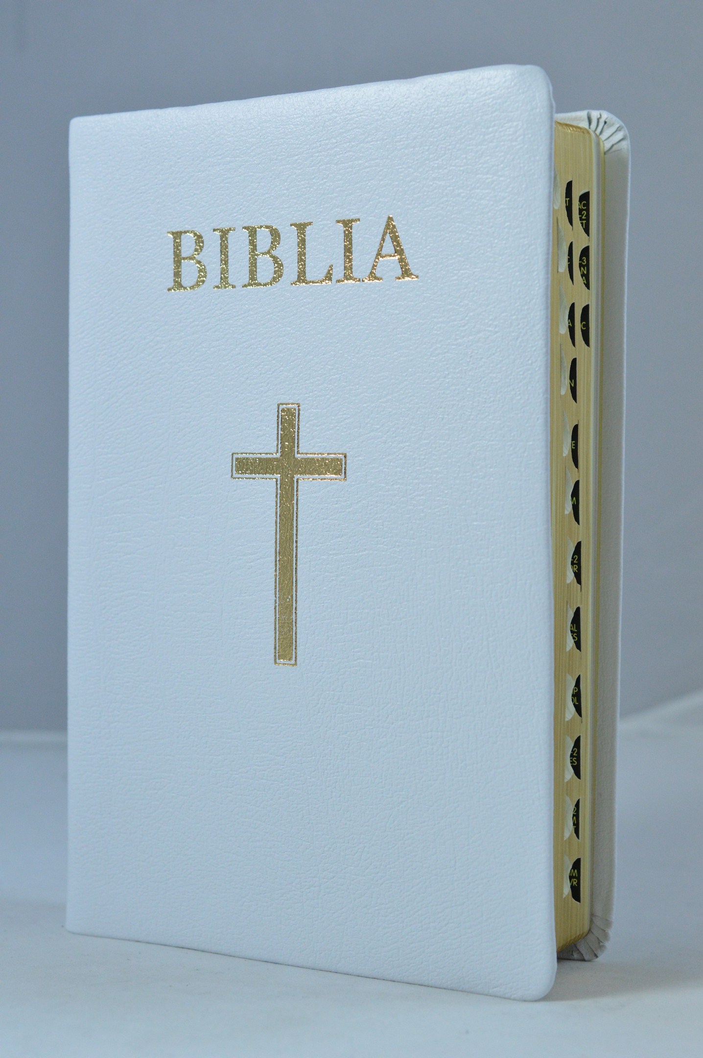 Biblia marime mare, din piele, aurita, cu index lateral, alba, cu cruce [073 PI]