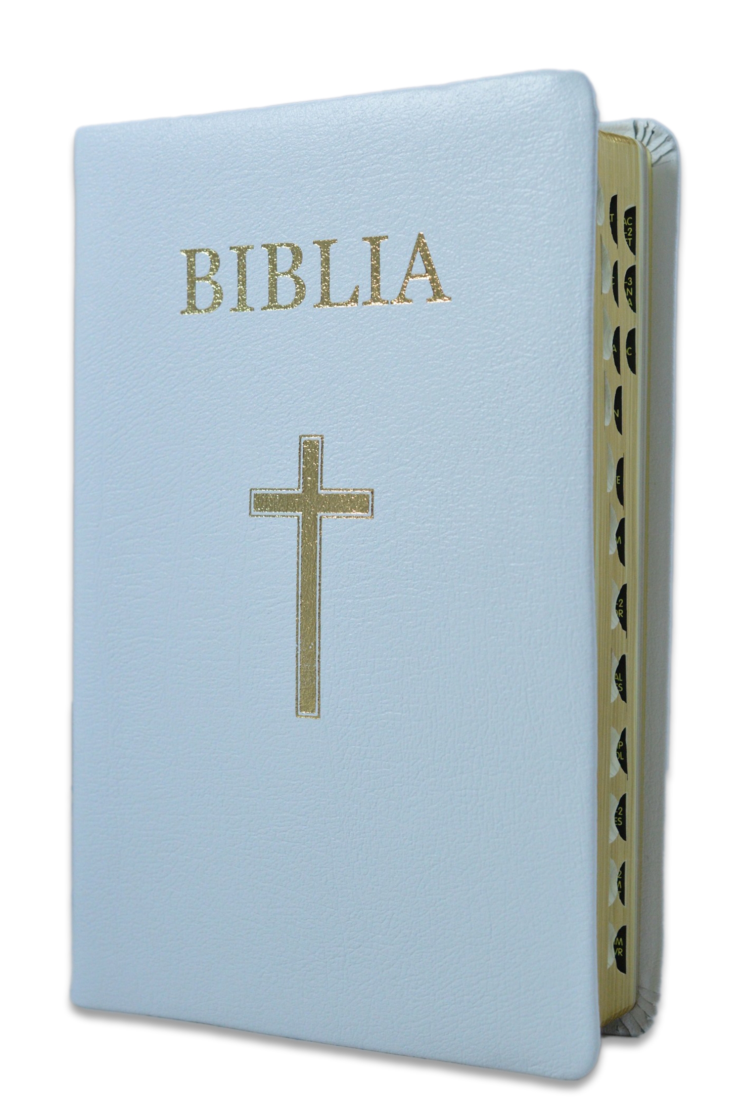 Biblia marime medie, din piele, alba, index, aurita, cu cruce [063 PI]