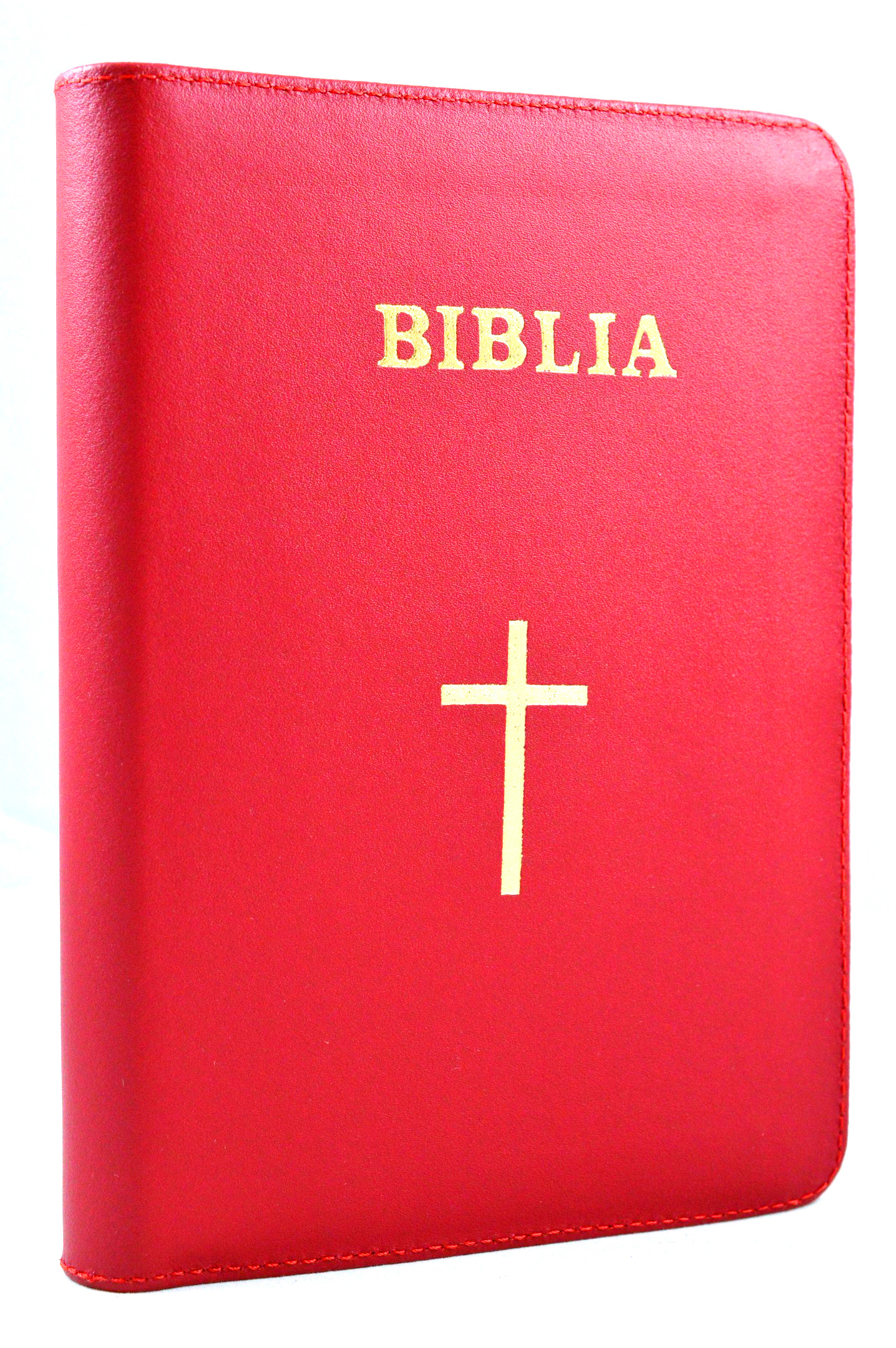 Biblia din piele, marime medie, rosie, fermoar, simbol cruce, cuv. lui Isus cu rosu [053]