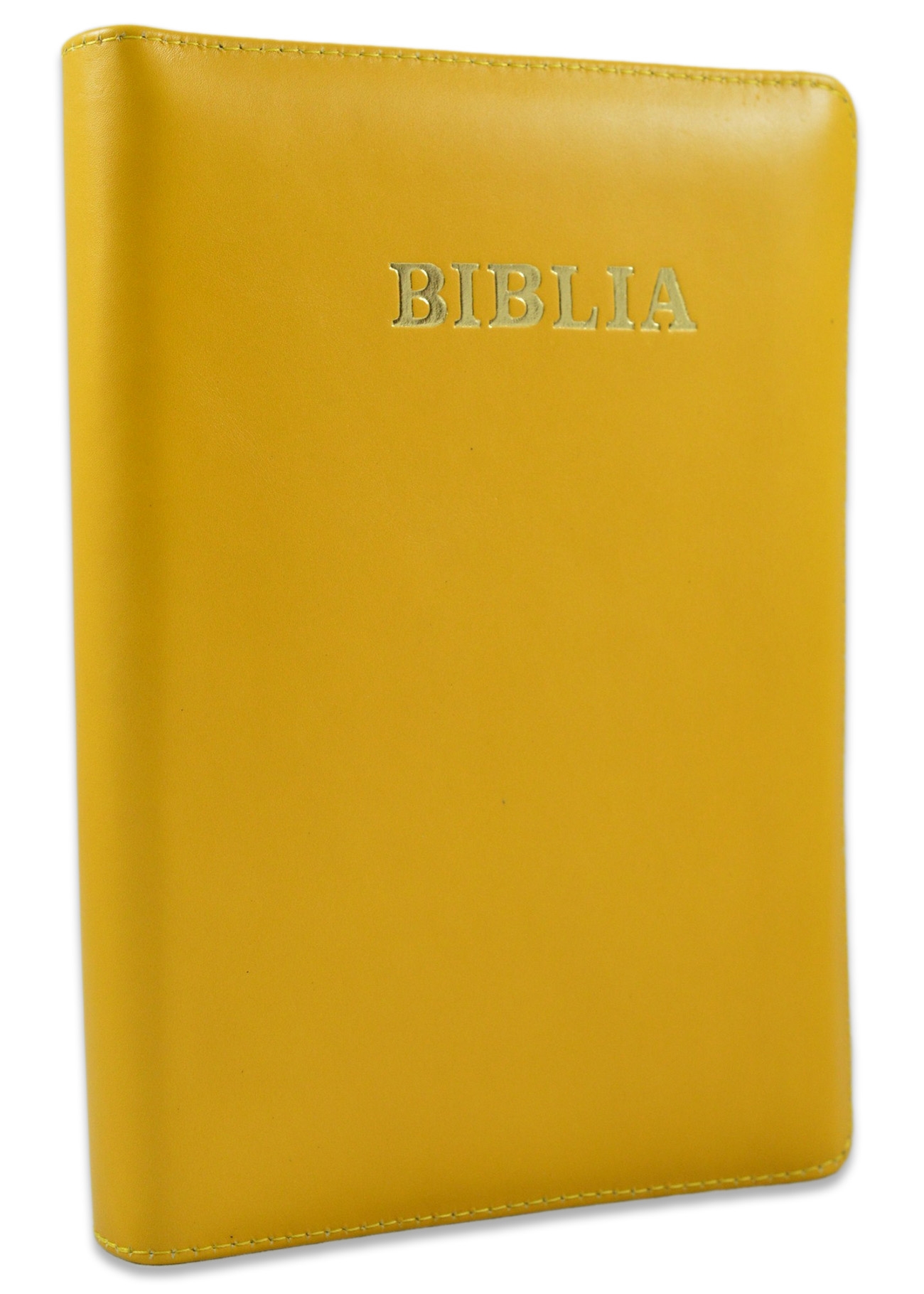 Biblia format mic, din piele, galbena, index, fermoar, margini argintii, cuv. lui Isus in rosu [047 PFI]