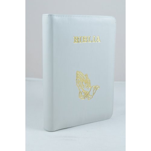 Biblia mica, piele, albă, index, fermoar, margini aurii,  simbolul maini, cuv. lui Isus in rosu [047 PFI]