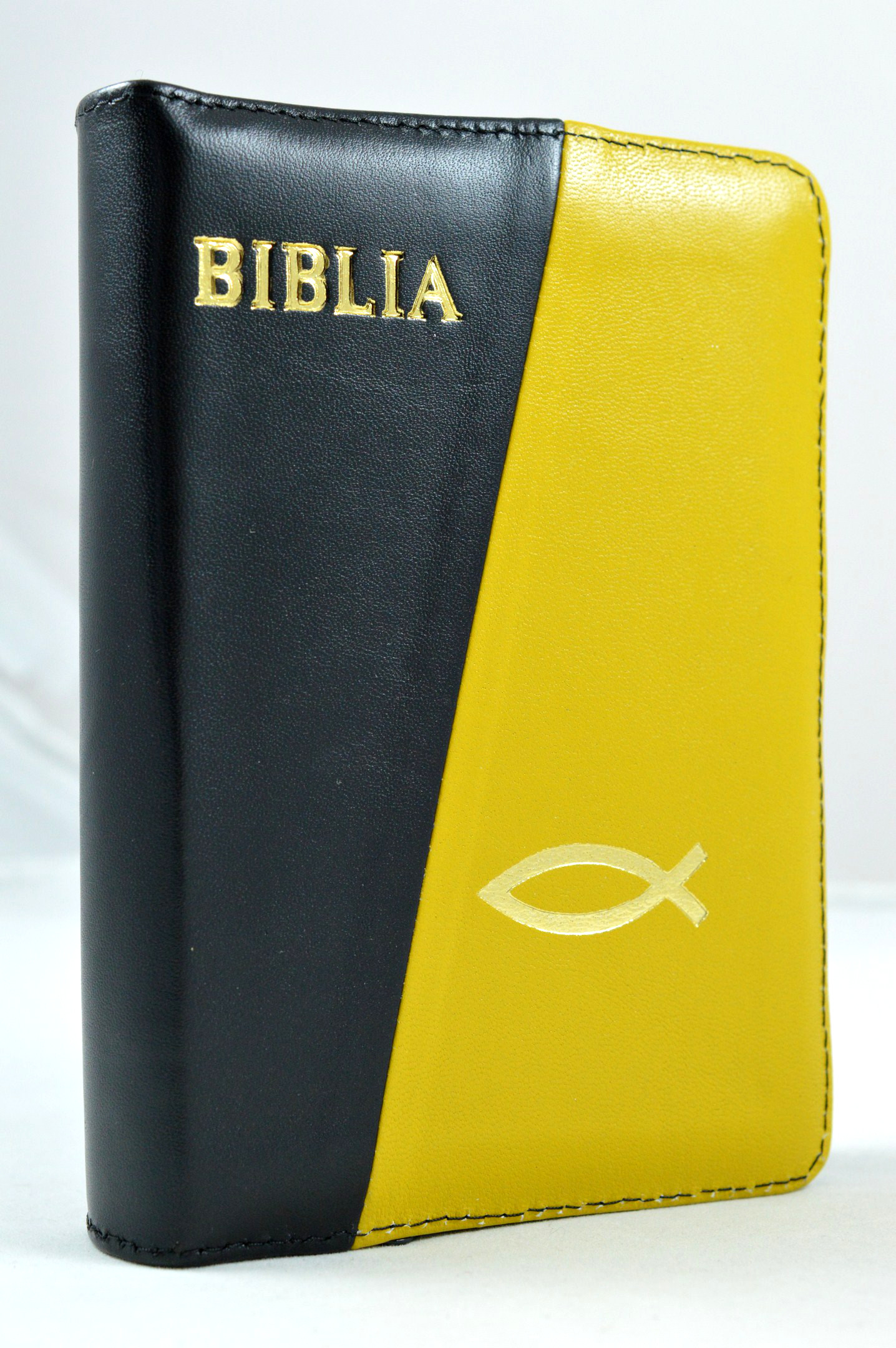 Biblia format mic, din piele, culoare negru / galben, index, fermoar, margini aurii, simbol - peste, cuv. lui Isus in rosu [047 PFI]