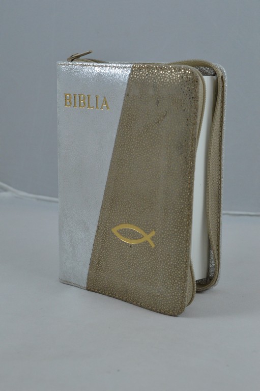 Biblie din piele, mica, argintiu/cafeniu cu imprimeu auriu, fermoar, margini albe, simbolul peste, cuv. lui Isus in rosu [043 PF]