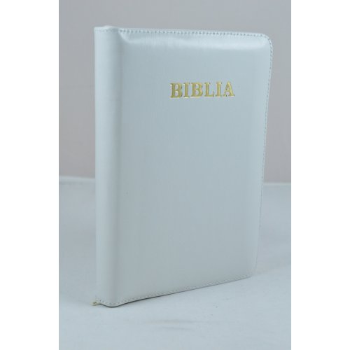 Biblia mica, piele, albă, index, fermoar, margini aurii, cuv. lui Isus in rosu [047 PFI]
