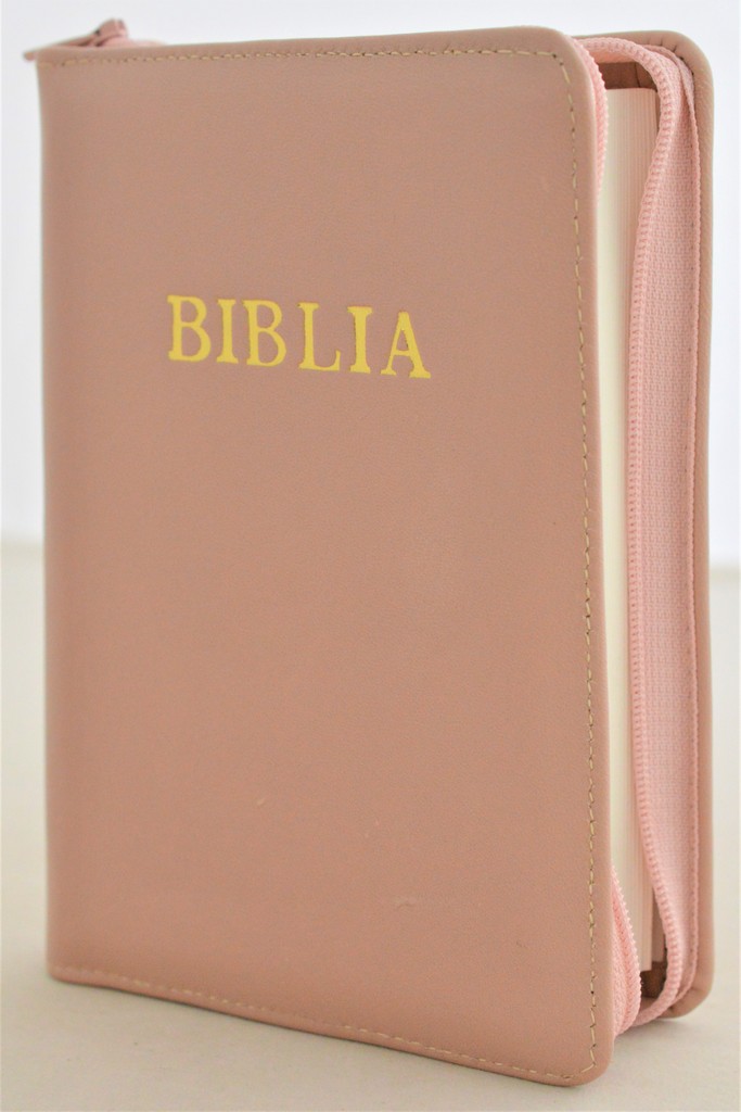 Biblie din piele, mica, roz pudra inchis, fermoar, margini albe, cuv. lui Isus in rosu [043 PF]