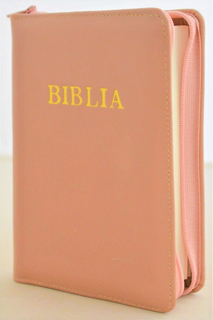 Biblia din piele, marime medie, culoare roz pal, margini albe, fermoar, cuv. lui Isus cu rosu [053]