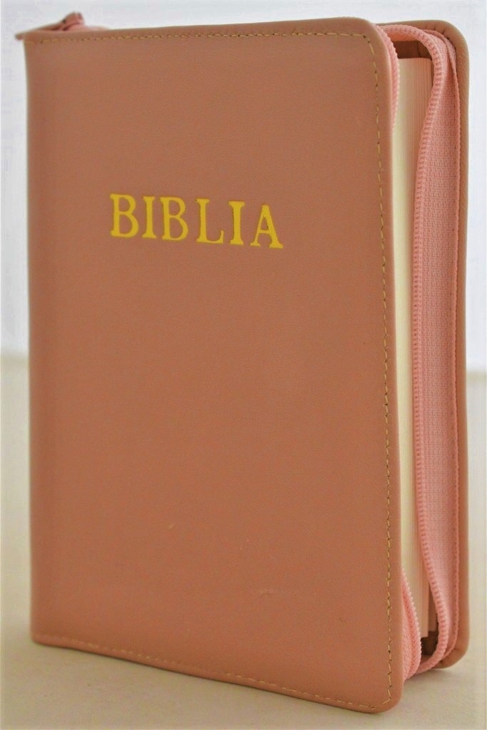 Biblie din piele, marime medie, roz plămâniu, fermoar, margini albe, cuv. lui Isus cu rosu [053]