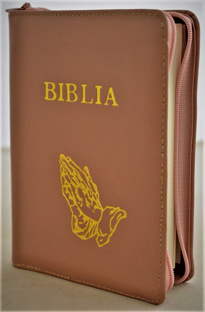 Biblie din piele, marime medie, roz plămâniu, fermoar, margini albe, simbol maini in rugaciune, cuv. lui Isus cu rosu [053]