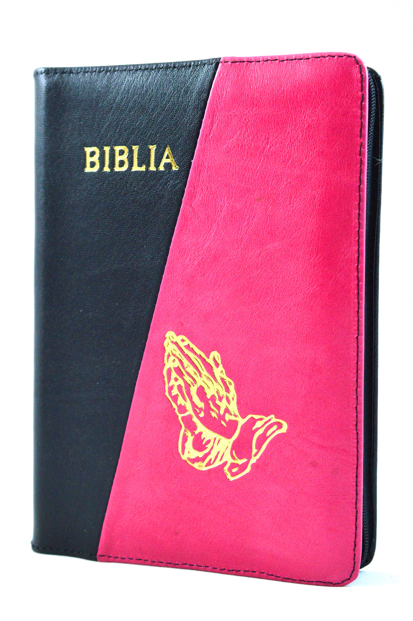 Biblia din piele, marime medie, negru / roz, fermoar, simbol maini in ruga, cuv. lui Isus cu rosu [053]