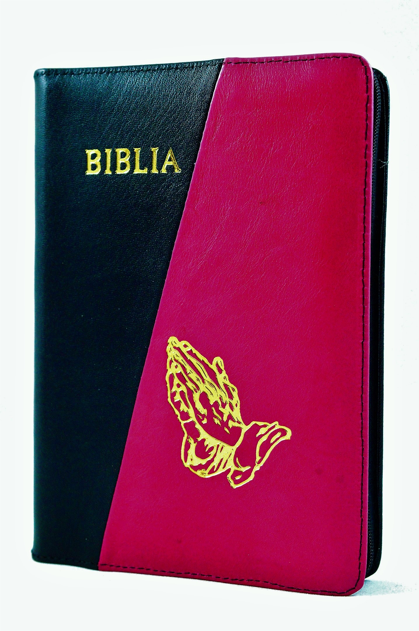 Biblie din piele, marime medie, culoare, negru cu roz închis, simbol maini in rugaciune, fermoar, index, margini aurii, cuv. lui Isus cu rosu [SB 057 PFI]
