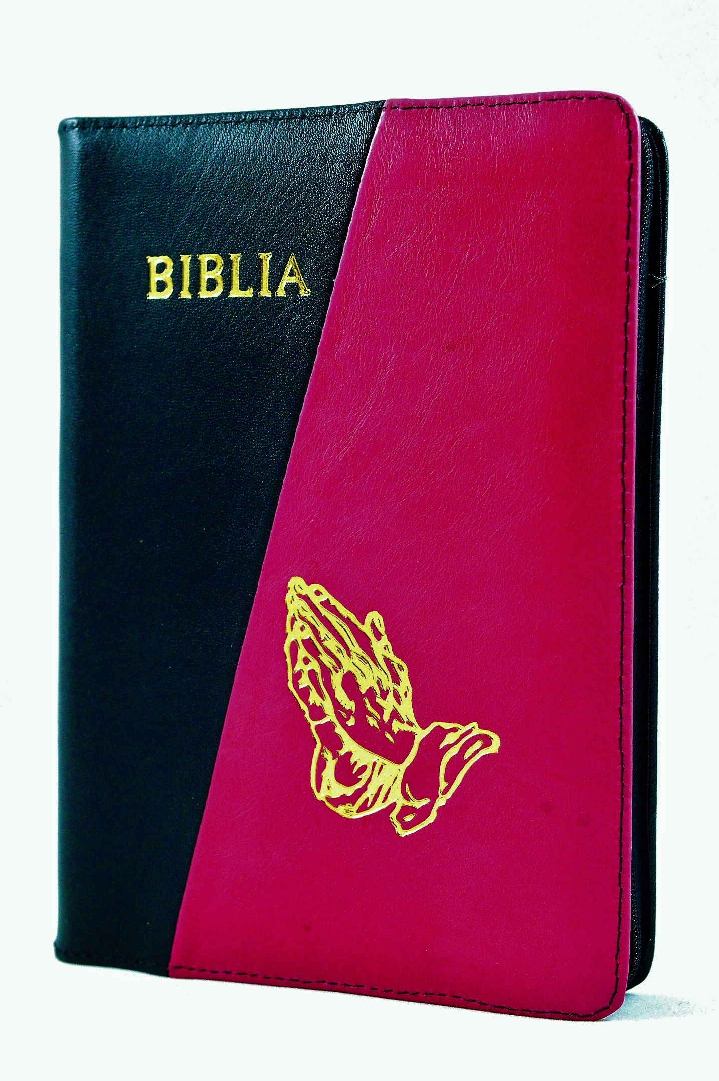 Biblie din piele, marime medie, culoare, negru cu roz  închis, fermoar, margini albe, simbol maini in rugaciune, cuv. lui Isus cu rosu [053]