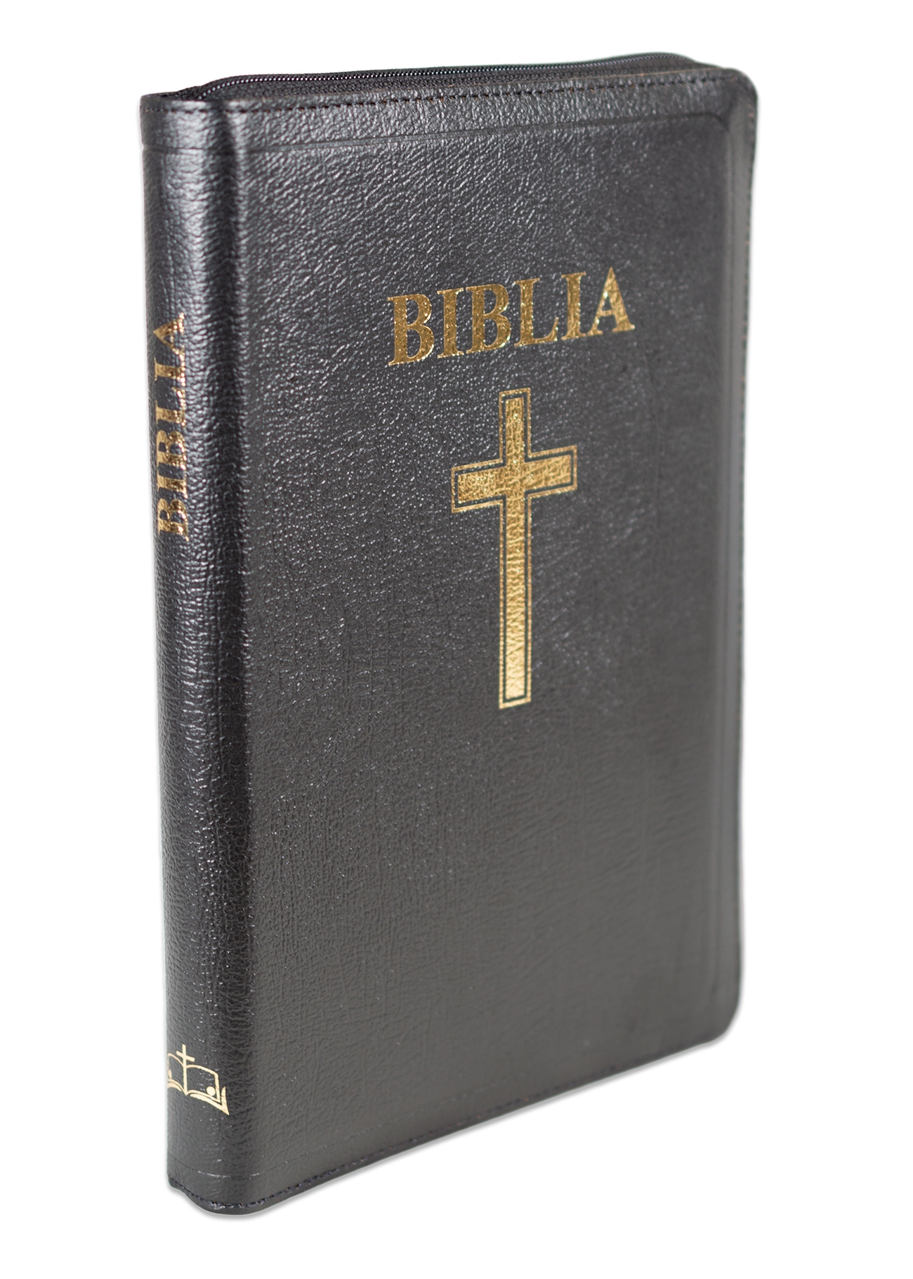 Biblia mărime mare, piele, neagră, margini aurii, index, fermoar, cu cruce, hărți biblice, cuv. lui Isus cu roșu [077 ZTI]