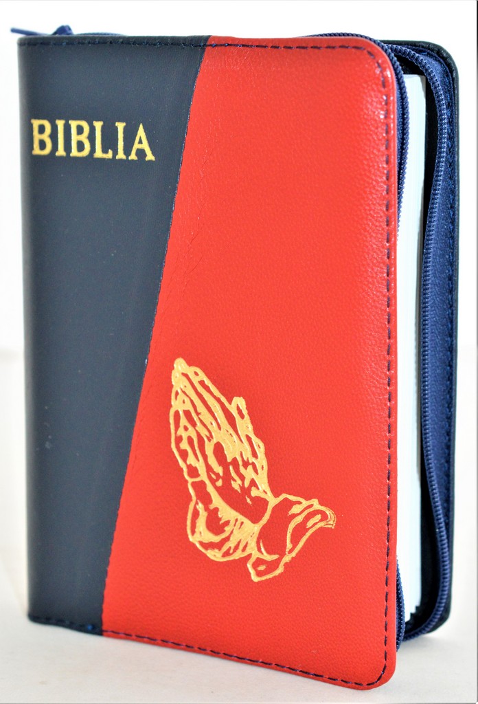 Biblie din piele, mica, bleumarin / rosie, fermoar, margini albe, simbolul maini in ruga, cuv. lui Isus in rosu [043 PF]
