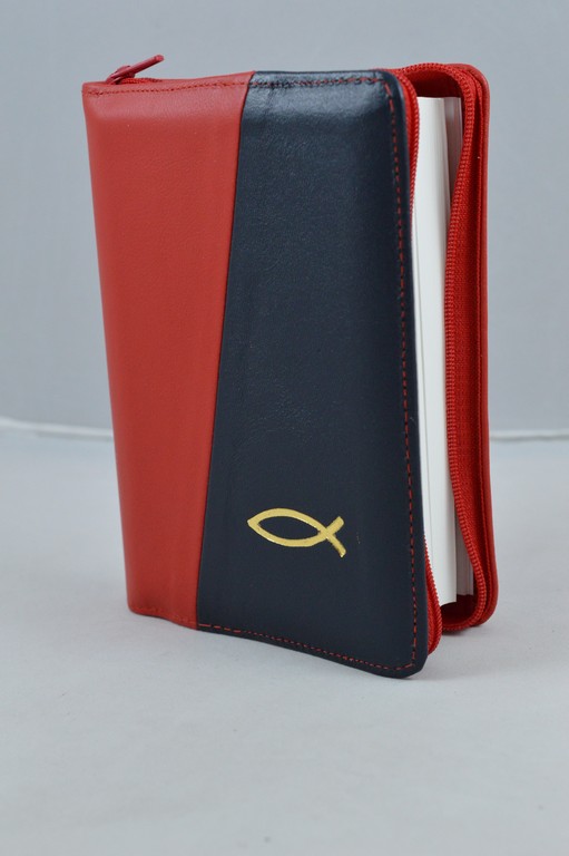 Biblie din piele, mica, rosu/bleumarin, fermoar, margini albe,simbol peste, cuv. lui Isus in rosu [043 PF]