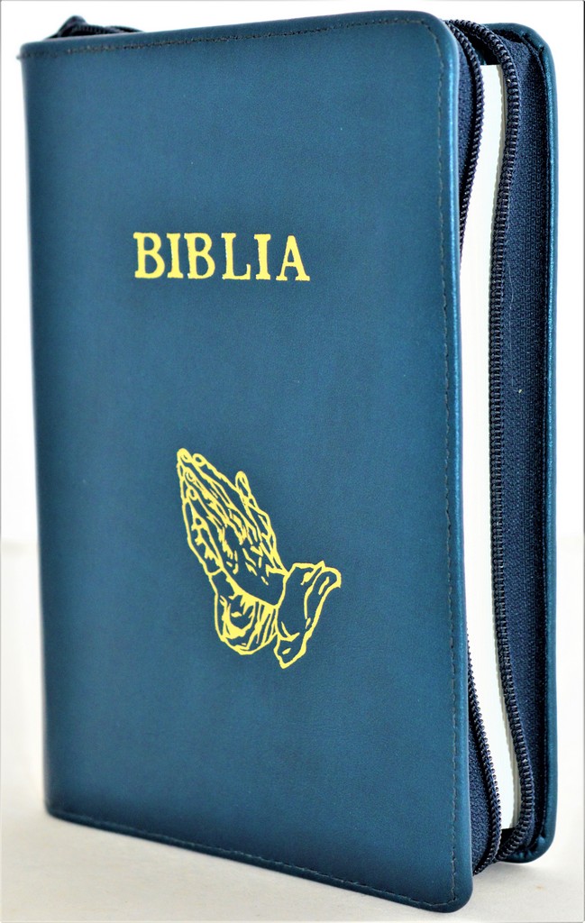 Biblia din piele, marime medie, albastru mineral, fermoar, simbol maini in ruga, cuv. lui Isus cu rosu [053]