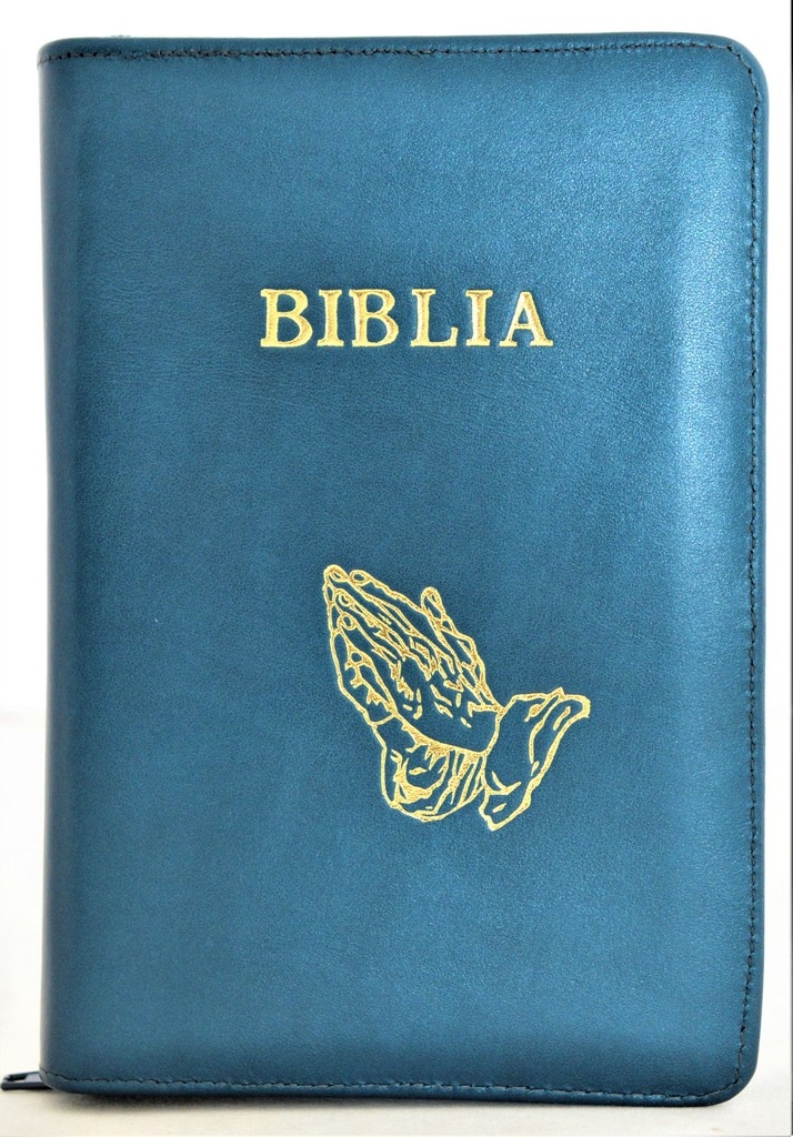 Biblie de lux, medie, din piele, albastru mineral, index, aurita, fermoar, simbolul maini in ruga[SI 057 PFI]
