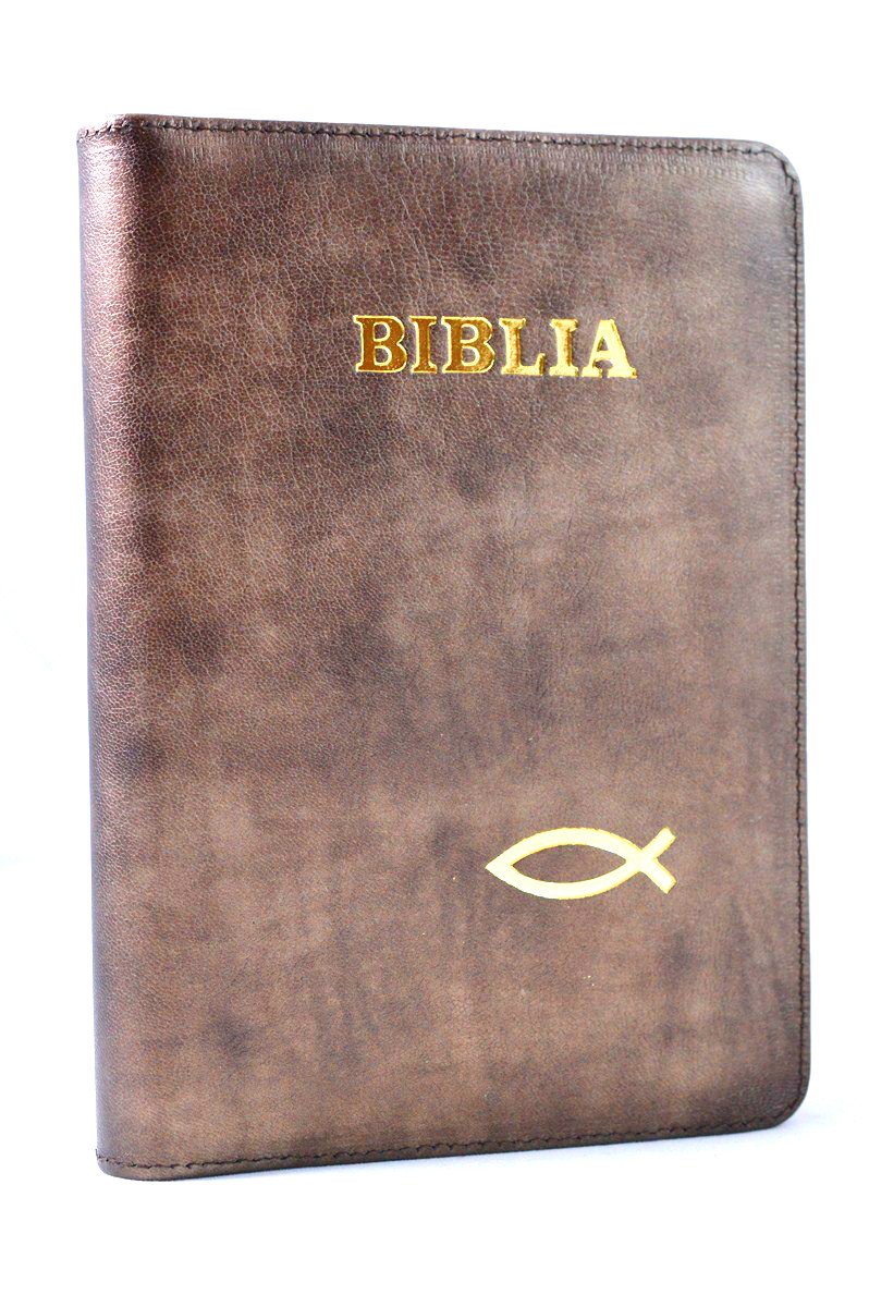 Biblia de piele, marime medie, nuante de maro, margini aurii, simbol peste, cuv. lui Isus cu rosu [052]