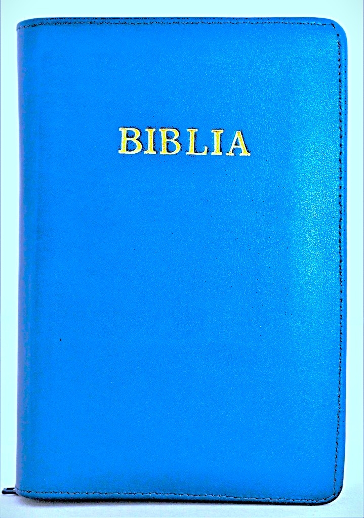 Biblie mare, piele, nuanta de bleumarin, fermoar, index, margini argintii, cuv. Isus cu rosu [SI 073 PFI]