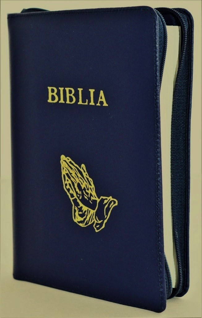 Biblia din piele, marime medie, albastru indigo, fermoar, simbol maini in ruga, cuv. lui Isus cu rosu [053]