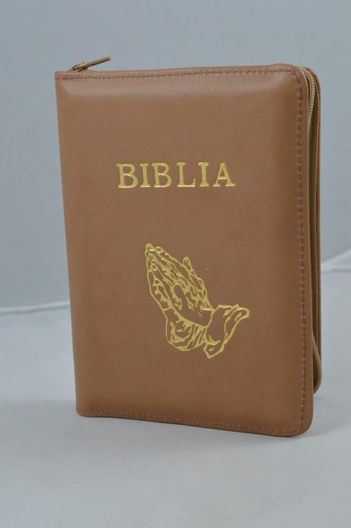 Biblie din piele, mica,maro deschis, fermoar, margini albe,simbol maini in ruga, cuv. lui Isus in rosu [043 PF]