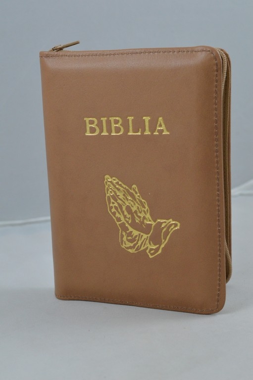Biblia mica, coperta piele, culoare, maro, index, fermoar, margini aurii,  simbolul maini, cuv. lui Isus in rosu [047 PFI]