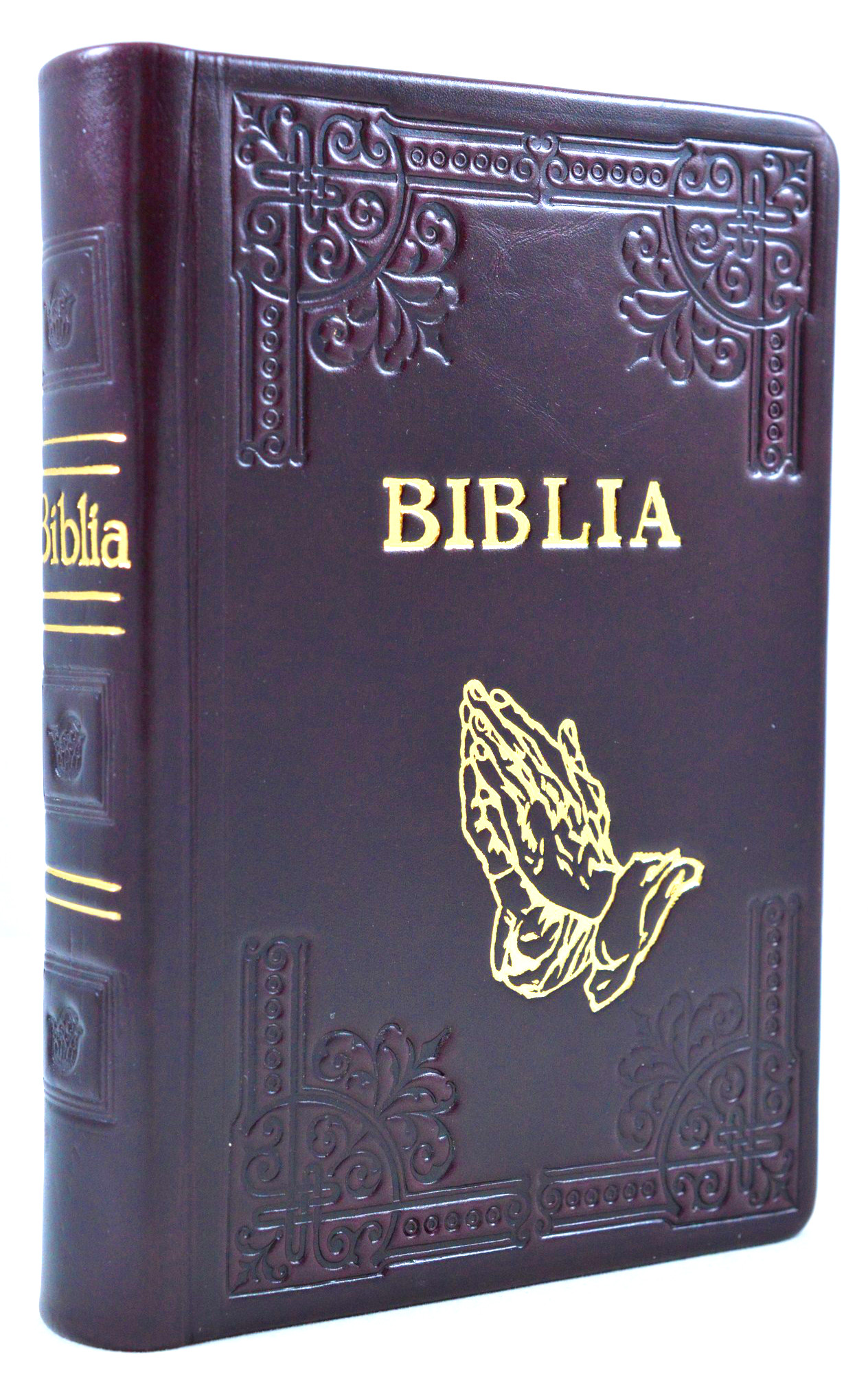 Biblia din piele, handmade, marime medie, visinie, margini aurii, simbol maini, cuv. lui Isus cu rosu [052 HM]