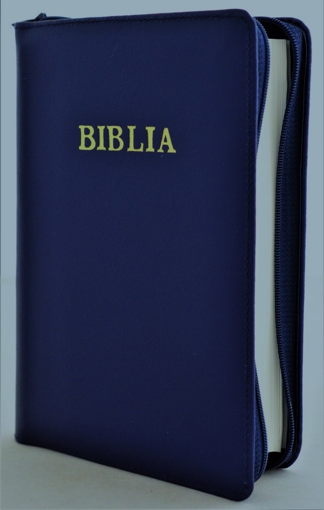 Biblie din piele, marime medie, culoare, albastru indigo, fermoar, index, margini aurii, cuv. lui Isus cu rosu [SB 057 PFI]