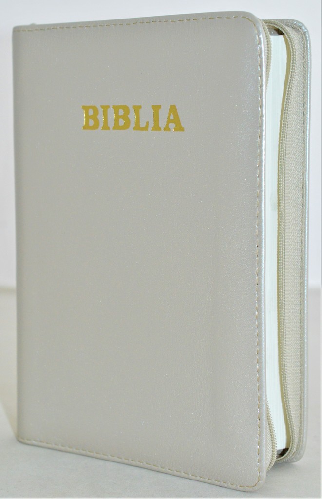 Biblia din piele, marime medie, albă, fermoar, cuv. lui Isus cu rosu [053]