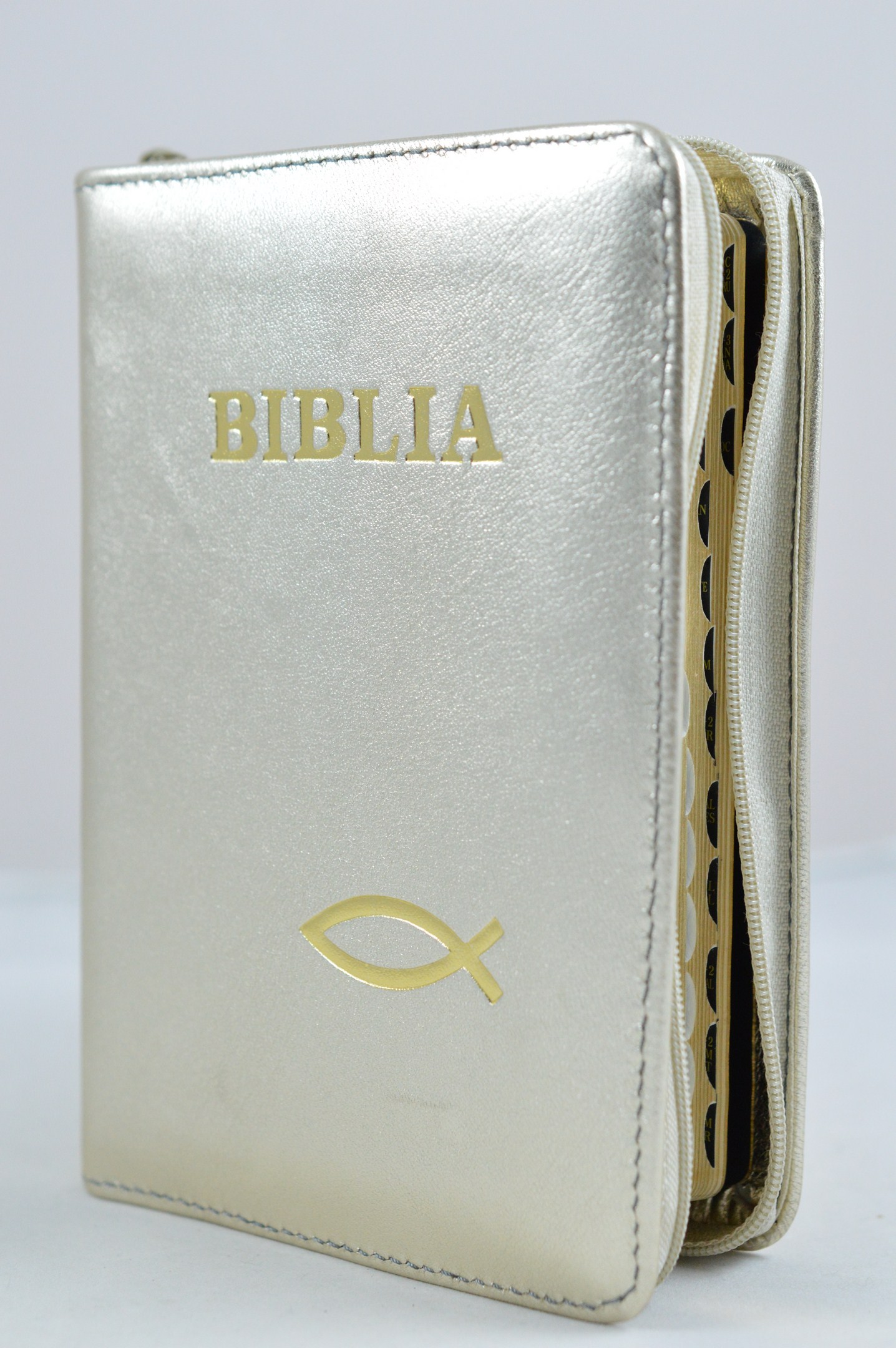 Biblie din piele, mica,auriu sidefat cu peste, fermoar, aurita, cuv. lui Isus in rosu si index [047 pfi]