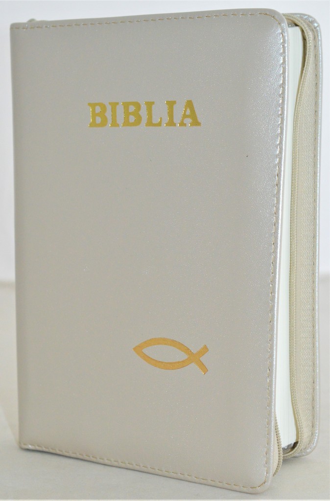 Biblia din piele, marime medie, culoare crem, fermoar, simbol peste, cuv. lui Isus cu rosu [053]