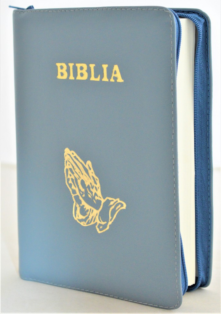 Biblia din piele, marime medie, albastru celadon, fermoar, simbol maini in ruga, cuv. lui Isus cu rosu [053]