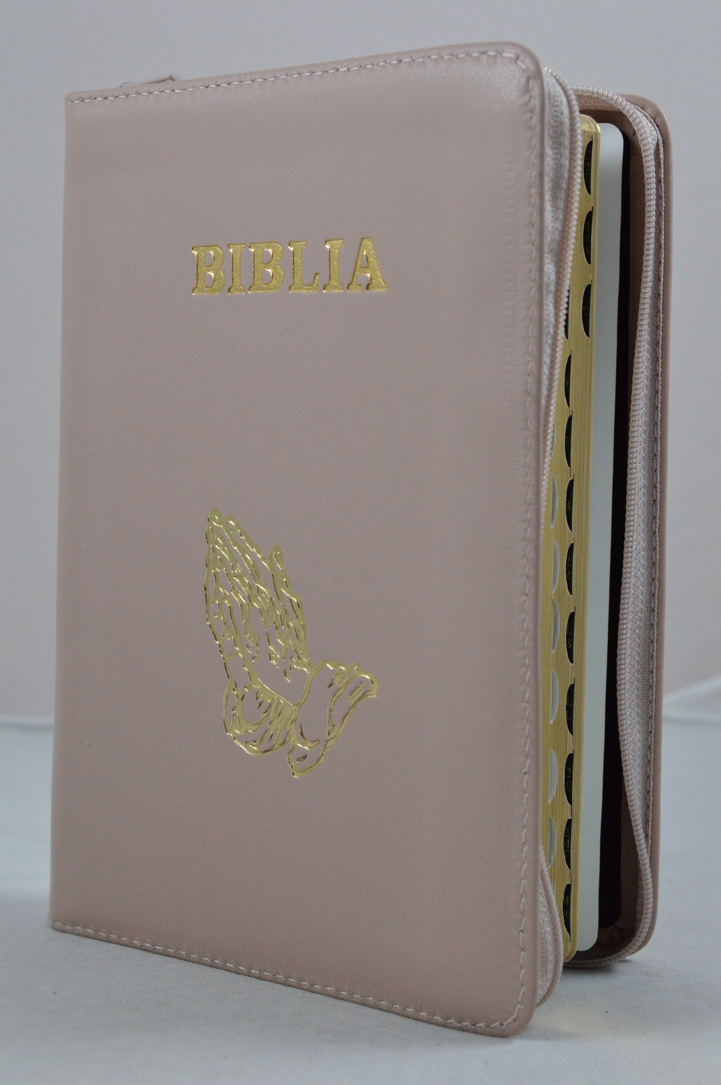 Biblie din piele, marime medie, cappuccino, simbol maini in rugaciune, fermoar, index, margini aurii, cuv. lui Isus cu rosu [SB 057 PFI]
