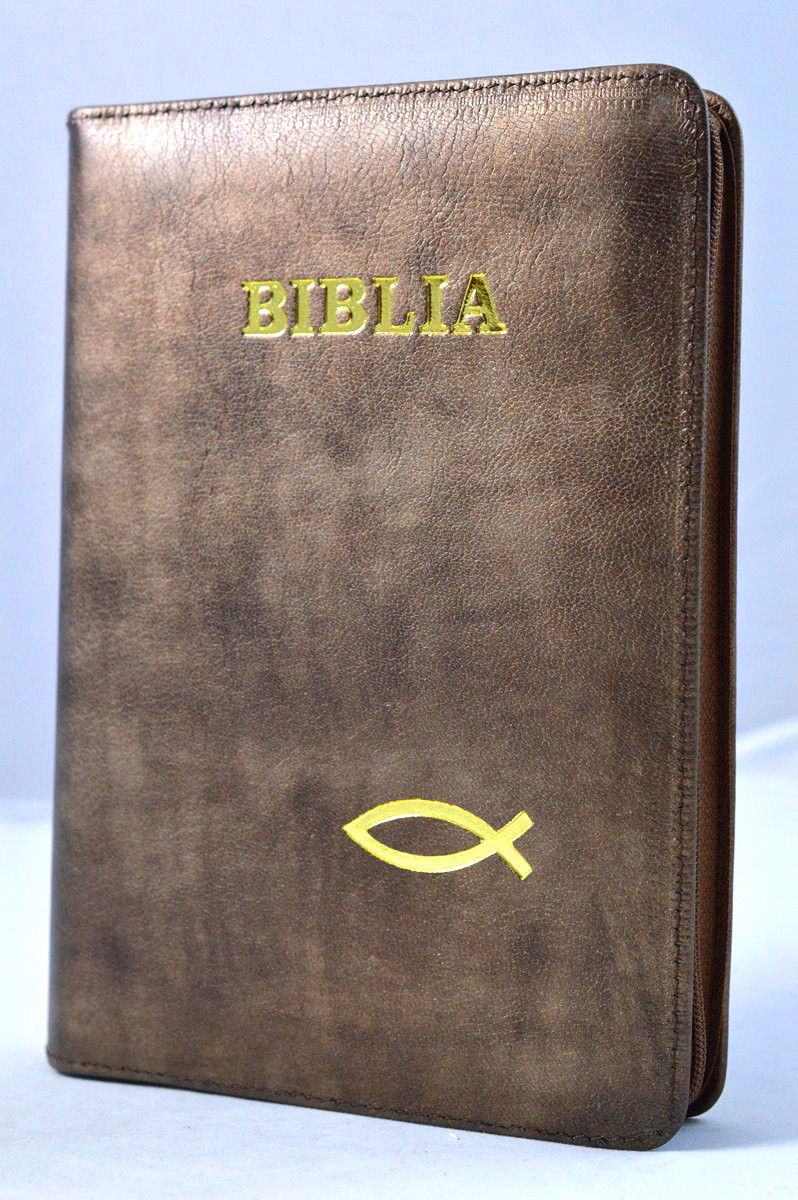 Biblia din piele, marime medie, maro nuantat, fermoar, simbol peste, cuv. lui Isus cu rosu [053]