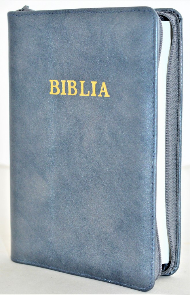 Biblia din piele, marime medie, gri sidefat, fermoar, cuv. lui Isus cu rosu [053]