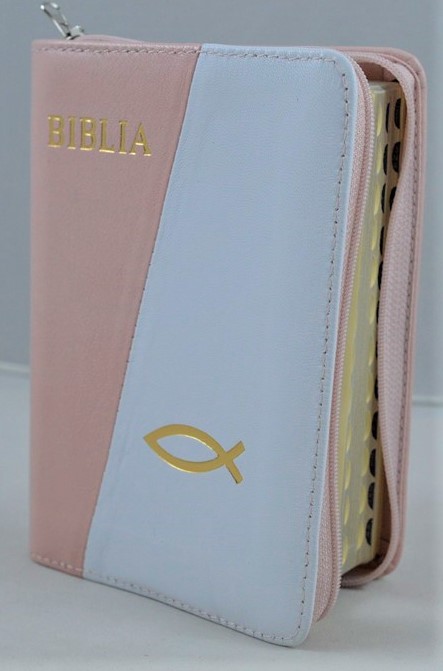 Biblia format mic, din piele, culoare  roz pal/alb, index, fermoar, margini argintii,simbolul peste, cuv. lui Isus in rosu [047 PFI]