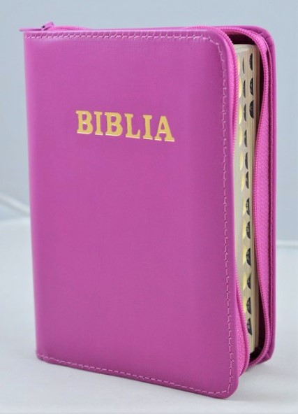 Biblia format mic, din piele, culoare mov, index, fermoar, margini argintii, cuv. lui Isus in rosu [047 PFI]