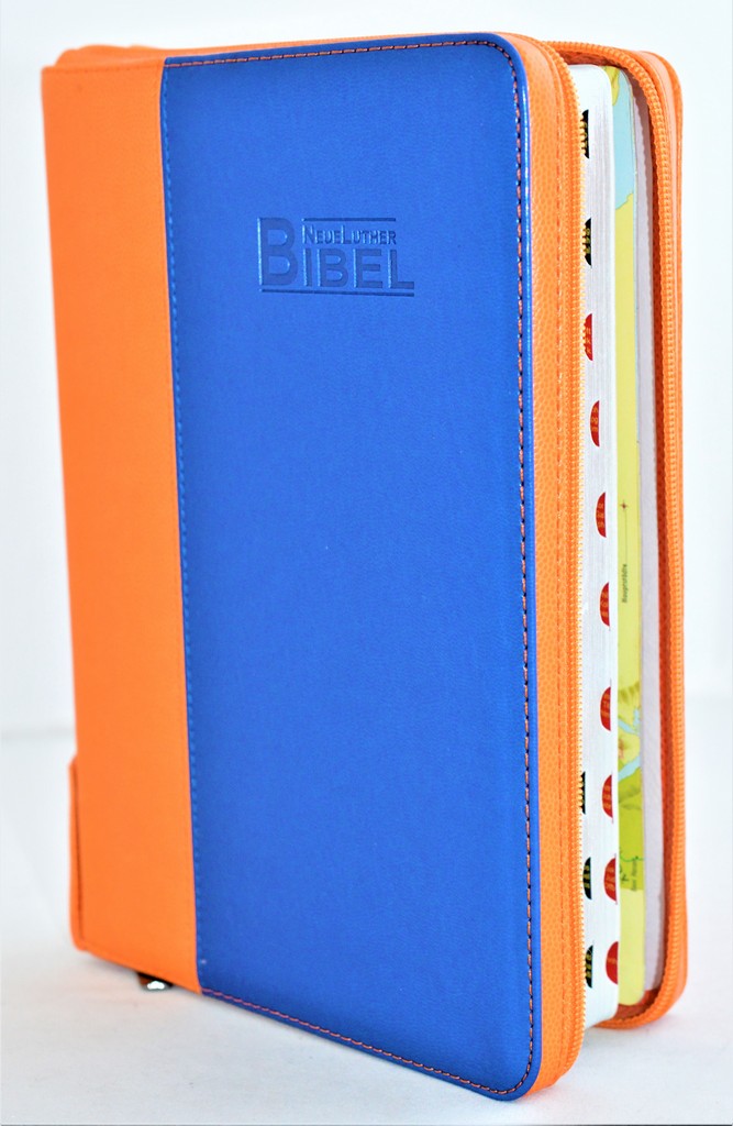 Biblia in limba germana, portocaliu cu albastru - Neue Luther Bibel - index, fermoar Biblia in limba germana, portocaliu cu albastru - Neue Luther Bibel - index, fermoar