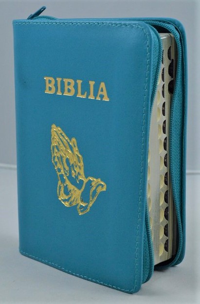 Biblia format mic, din piele, culoare  albastru, index, fermoar, margini aurii, simbolul maini in ruga, cuv. lui Isus in rosu [047 PFI]
