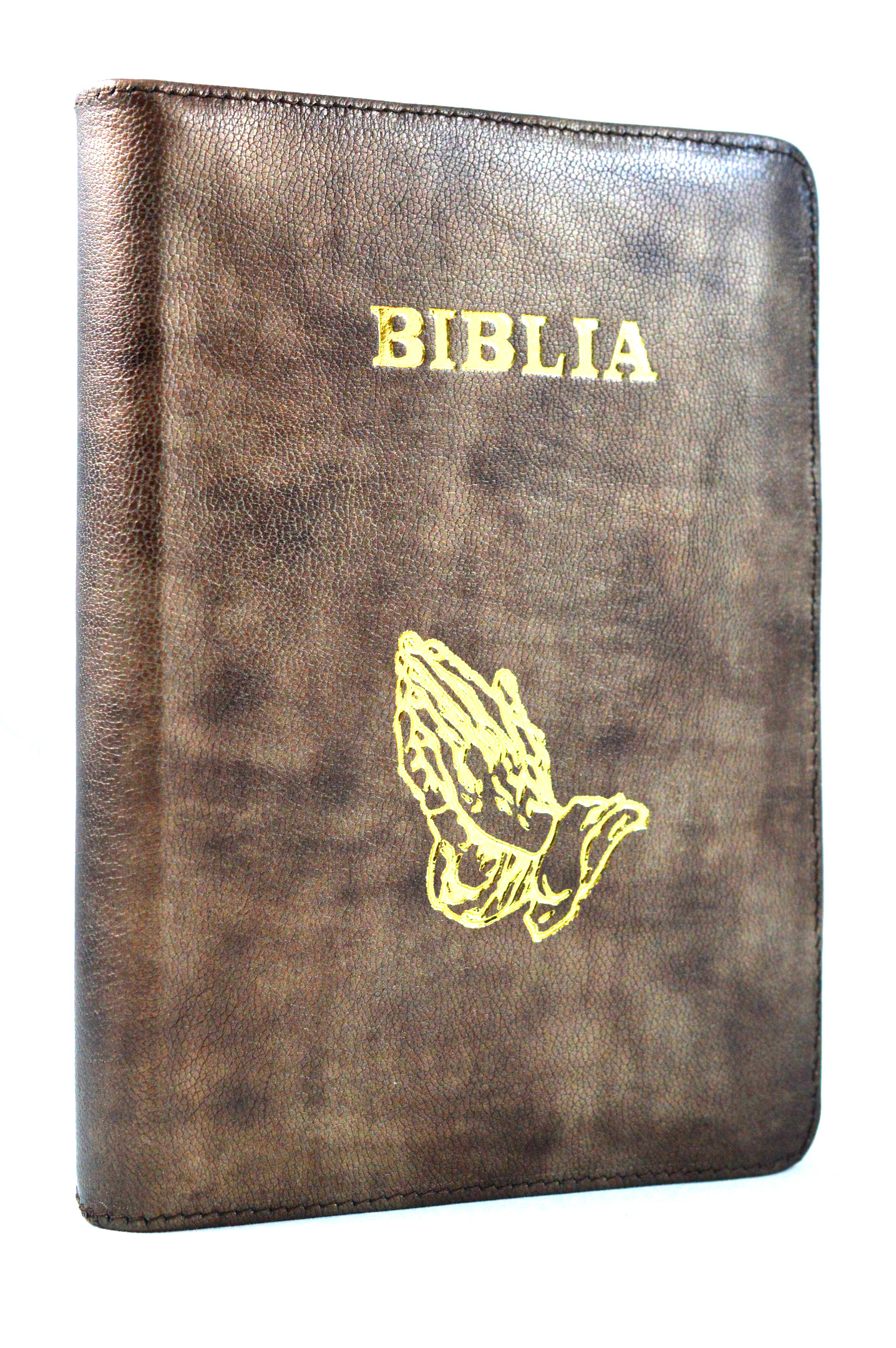 Biblia din piele, marime medie, maro nuantat, fermoar, simbol maini in ruga, cuv. lui Isus cu rosu [053]
