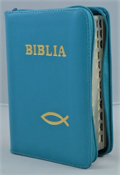 Biblia format mic, din piele, culoare albastru turcoaz, index, fermoar, margini argintii,simbolul peste, cuv. lui Isus in rosu [047 PFI]