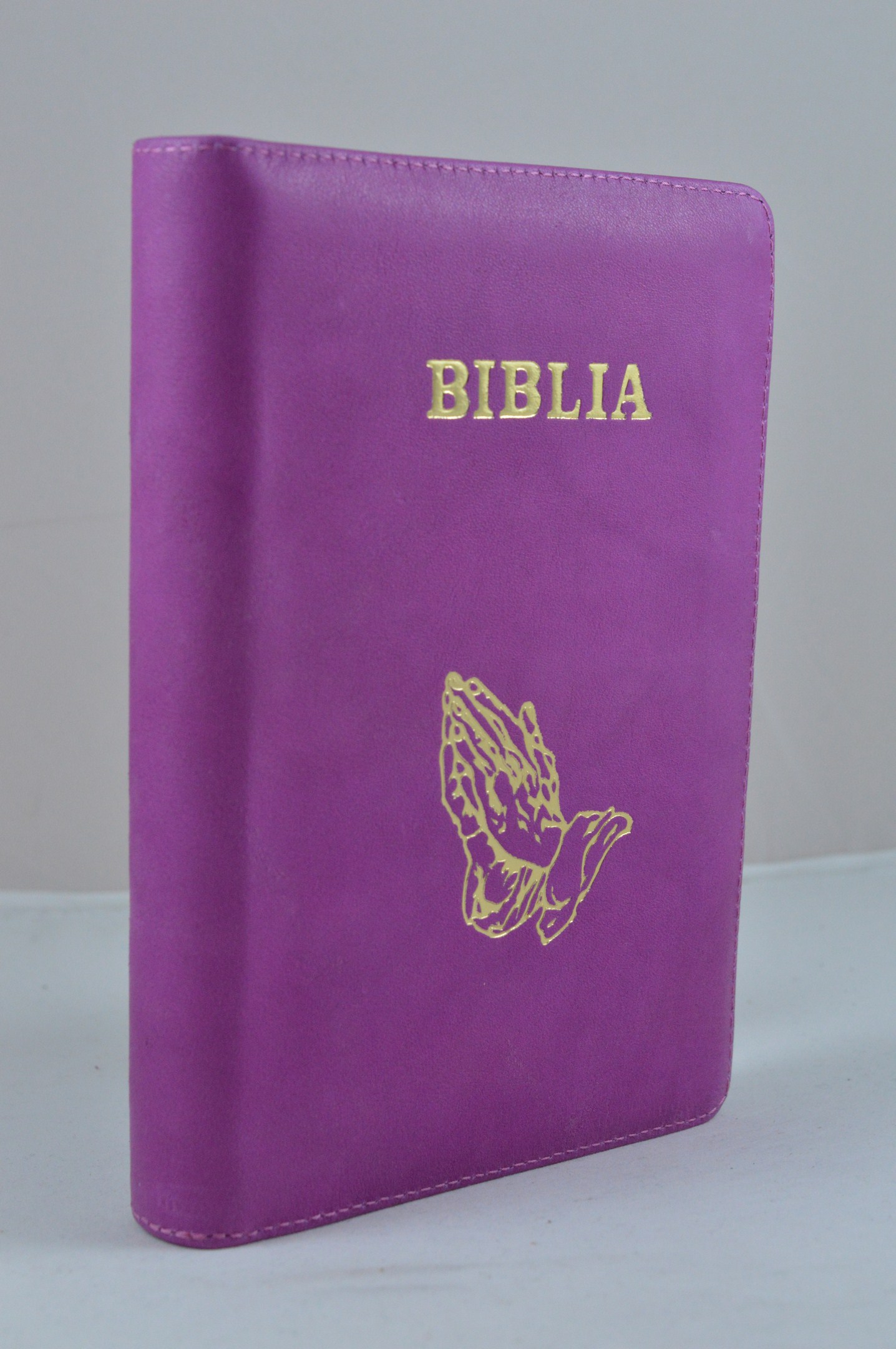 Biblie din piele, marime medie, mov , simbol maini in rugaciune, fermoar, index, margini aurii, cuv. lui Isus cu rosu [SB 057 PFI]