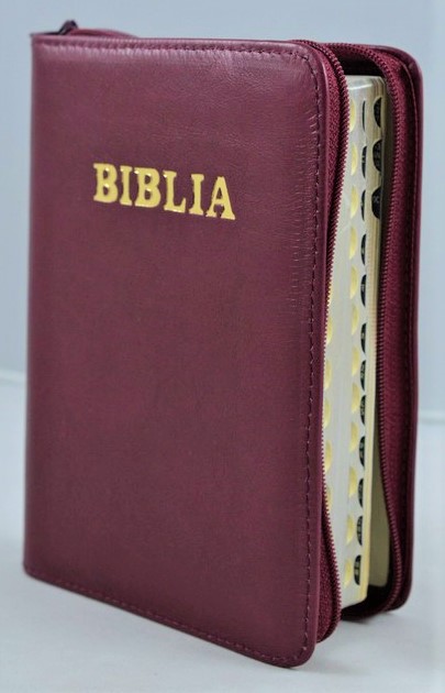 Biblia format mic, din piele, culoare visiniu, index, fermoar, margini aurii, cuv. lui Isus in rosu [047 PFI]
