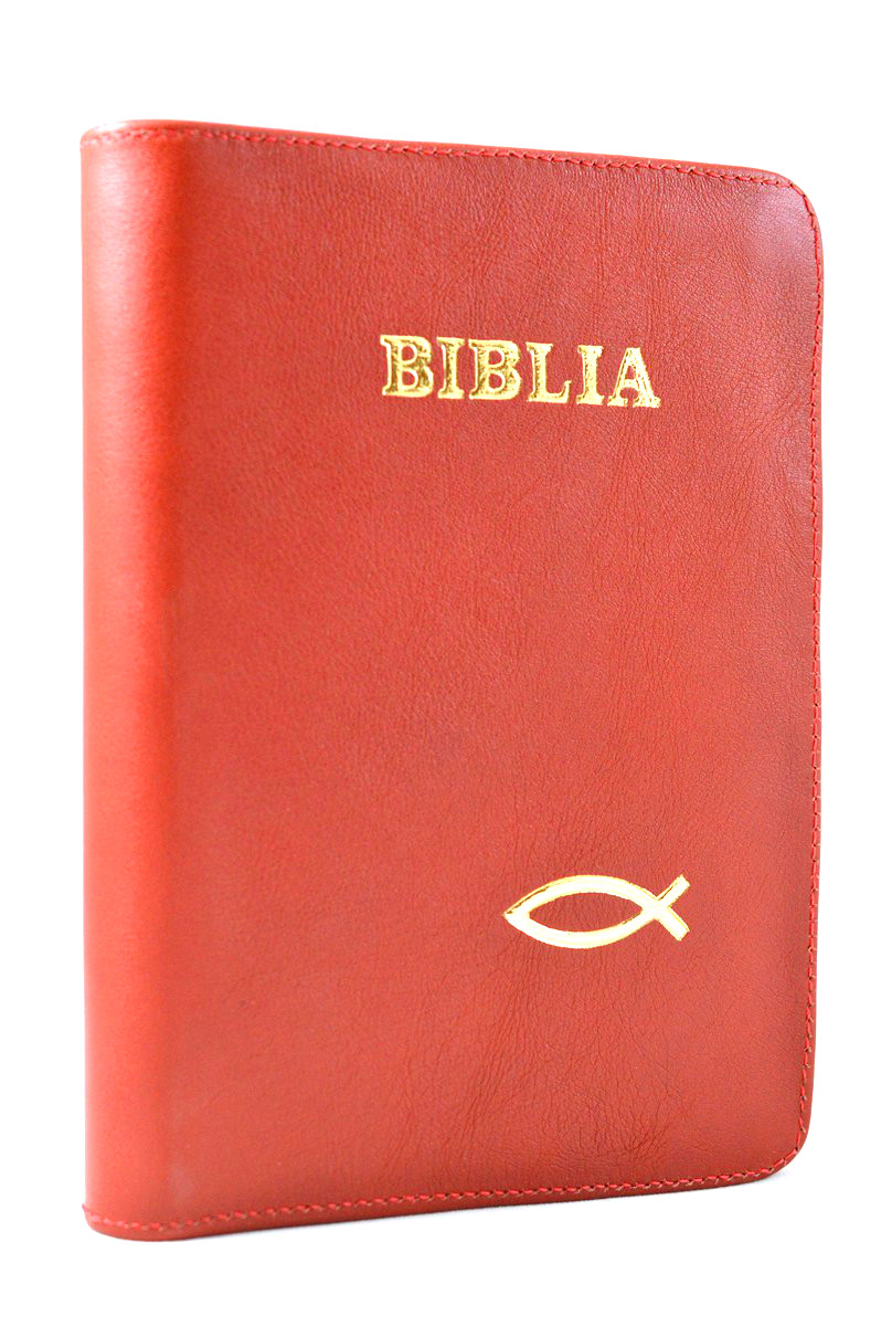 Biblia din piele, marime medie, rosie, fermoar, margini aurite, simbol peste, cuv. lui Isus cu rosu [052]