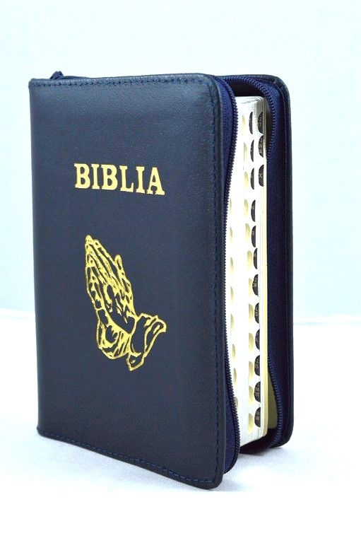 Biblia mica, coperta piele, bleumarin, index, fermoar, margini aurii,  simbolul maini, cuv. lui Isus in rosu [047 PFI]