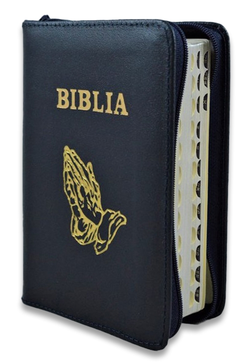Biblia format mic, din piele, culoare neagra, index, fermoar, margini argintii,simbolul maini in ruga, cuv. lui Isus in rosu [047 PFI]